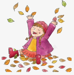 秋天落叶堆开心孩子矢量图素材