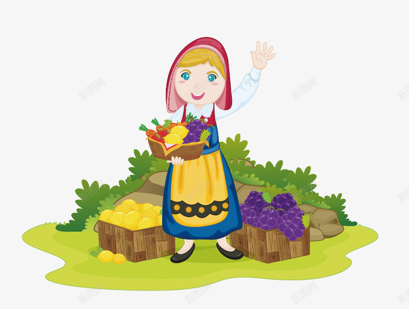 农家田园女生png免抠素材_88icon https://88icon.com 农家田园女生 叶子 柠檬 矢量女生 石头 筐 草地 葡萄
