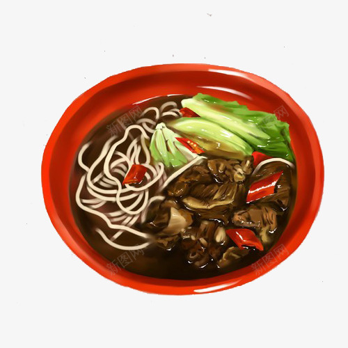 麻辣牛腩面手绘画片psd免抠素材_88icon https://88icon.com 挂面 牛腩面 生菜叶 色彩美食 面条 麻辣面