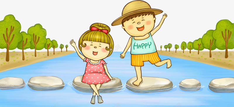 郊游场景png免抠素材_88icon https://88icon.com 丸子头女孩 卡通 手绘 树木 河流 石头 草帽男孩 跳跃 郊游场景