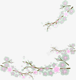 手绘春季粉绿色梅花树枝装饰素材