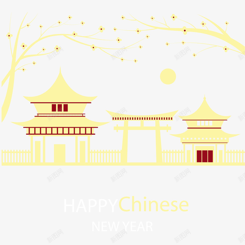 中国新年和景观背景矢量图ai免抠素材_88icon https://88icon.com 中国新年 建筑 景观 树枝 梅花 量背景 矢量图