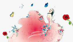 卡通手绘看向天空的女人蝴蝶素材