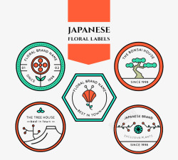 线性风格的日本花卉标签素材
