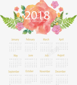 水彩粉色花朵2018日历矢量图素材