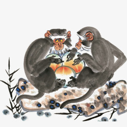 抠鼻的猴子中国风水墨画两只猿猴坐在石头上高清图片