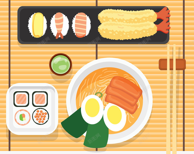 日本料理png免抠素材_88icon https://88icon.com 免抠图 卡通有趣 拉面 油炸食品 矢量图案 黄色竹垫