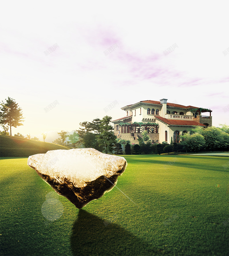 地产海报元素别墅小区psd免抠素材_88icon https://88icon.com 公园 地产海报元素别墅小区 大树 房子 石头 绿色 草坪