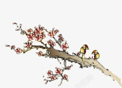 中国画粉色梅花树枝小鸟素材