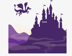 飞向城堡的紫色恶龙矢量图素材