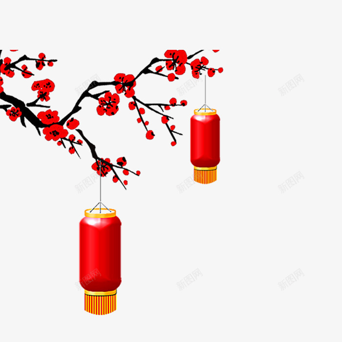 梅花灯笼png免抠素材_88icon https://88icon.com 喜庆 挂着 枝干 树干 灯笼 红色梅花 花朵