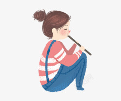 水彩手绘吹笛子的女孩素材