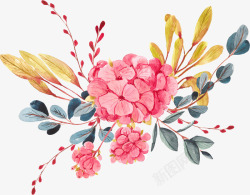 手绘粉红色花朵彩色叶子插画素材