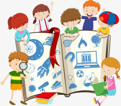 孩子围绕书本学习插画素材
