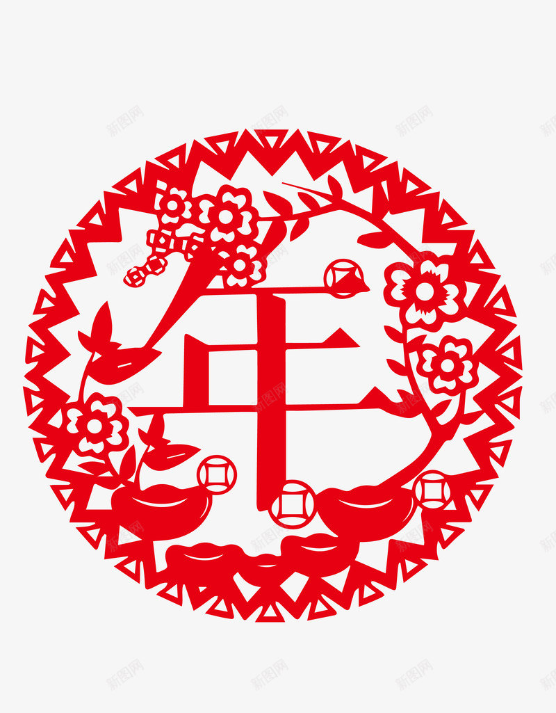 年字窗花图png免抠素材_88icon https://88icon.com 中图风 年字 梅花 窗花 红色