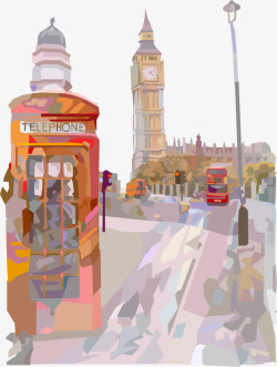 欧洲小镇油画欧洲电话亭小镇装饰矢量图高清图片