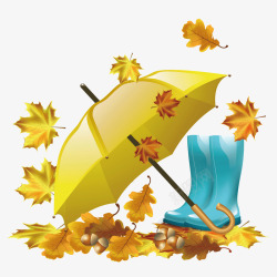 卡通雨伞雨靴与落叶矢量图素材