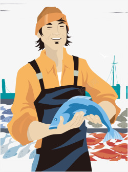 卡通海边捕鱼归来日本渔夫素材
