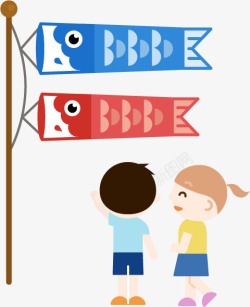 卡通风格鲤鱼旗和小男孩小女孩素材