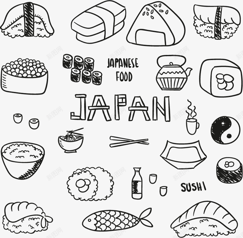 日本餐饮矢量图ai免抠素材_88icon https://88icon.com 寿司 清酒 米饭 鱼 矢量图