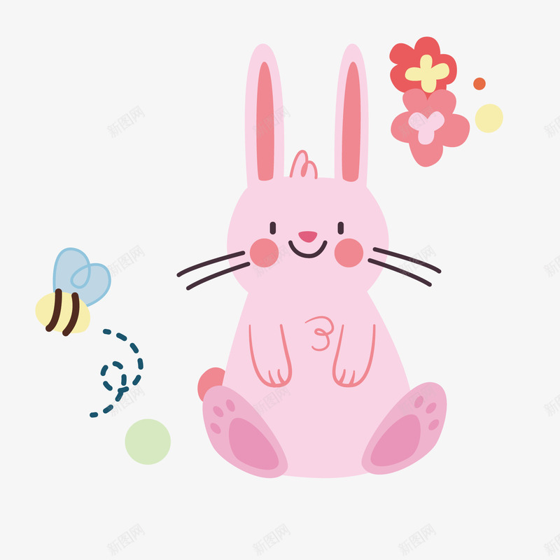 粉色兔子卡通手绘矢量图ai免抠素材_88icon https://88icon.com 动物 卡通 可爱 粉红色兔子 红花 蜜蜂 矢量图