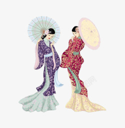 矢量日本女士两个女士穿和服撑伞高清图片