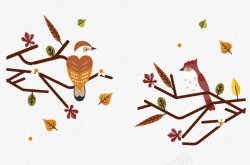 秋天落叶树枝小鸟矢量图素材