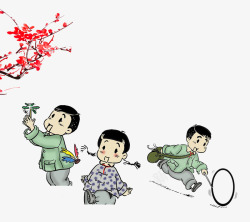 中国风玩耍的小孩梅花腊梅素材