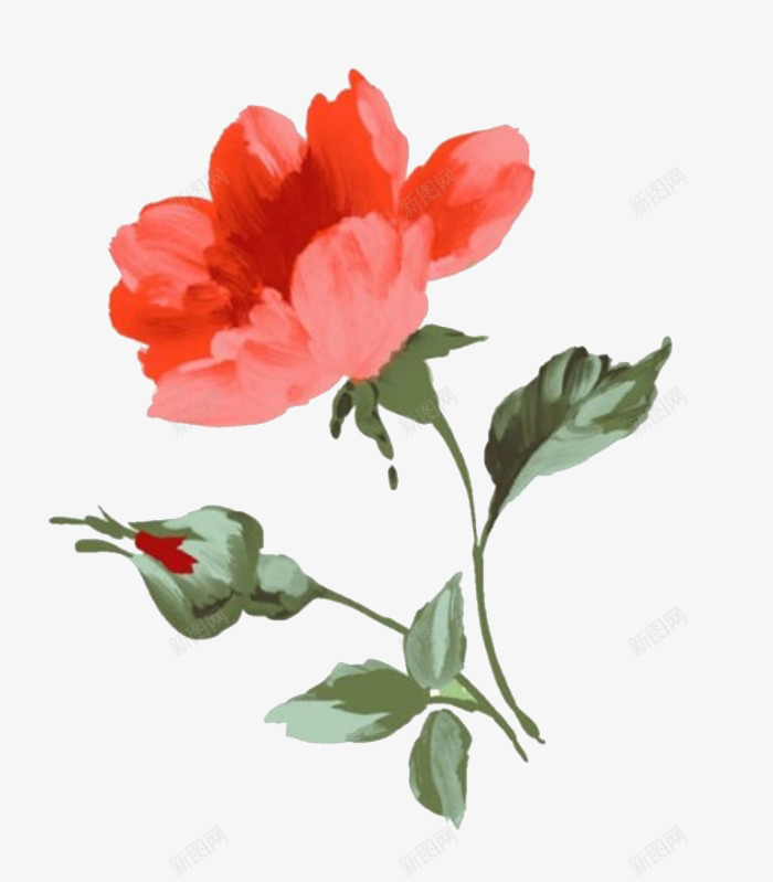 粉红色的花png免抠素材_88icon https://88icon.com 一朵 带叶子 带骨朵 粉红色