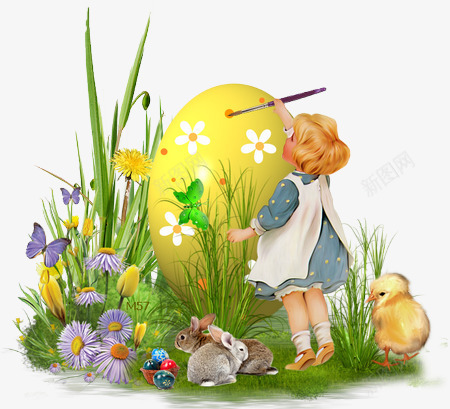小女孩画彩蛋png免抠素材_88icon https://88icon.com 免抠 兔子 小女孩 小鸡 彩蛋 画彩蛋 素材 花丛