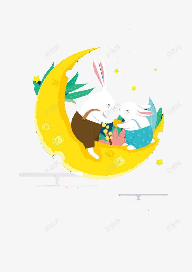 月亮上的兔子png免抠素材_88icon https://88icon.com 兔子 卡通 插画 月亮 月牙 黄色