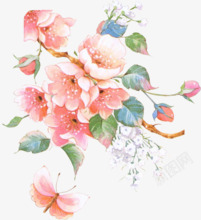 粉红彩绘花朵蝴蝶装饰素材