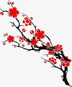 手绘红色梅花树枝装饰海报素材