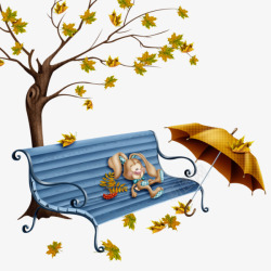 长椅旁的雨伞手绘树底下长椅上的兔子布娃娃高清图片