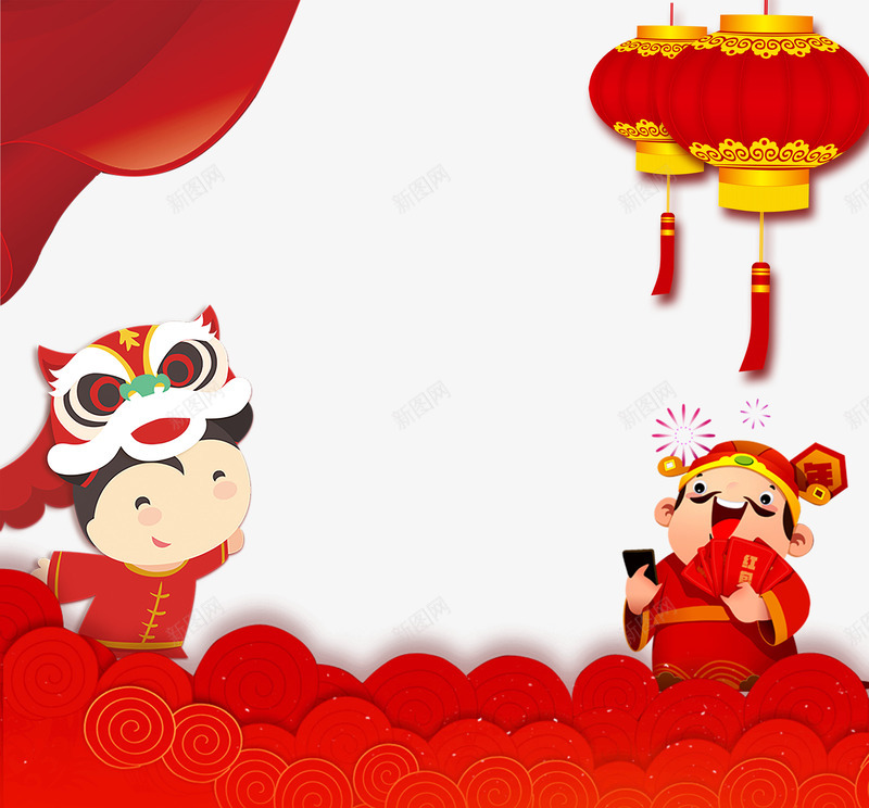 新年卡通舞狮人物与财神psd分png免抠素材_88icon https://88icon.com 卡通舞狮人 幕布 庆祝新年 新年 新年卡通舞狮人物与财神psd分层图免费下载 春节 春节psd分层图 欢度春节 灯笼 红色传统花边 财神