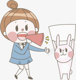 女孩用喇叭对举着卡片的兔子说话素材