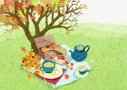 野餐免扣图卡通彩绘枫叶树底下野餐图高清图片