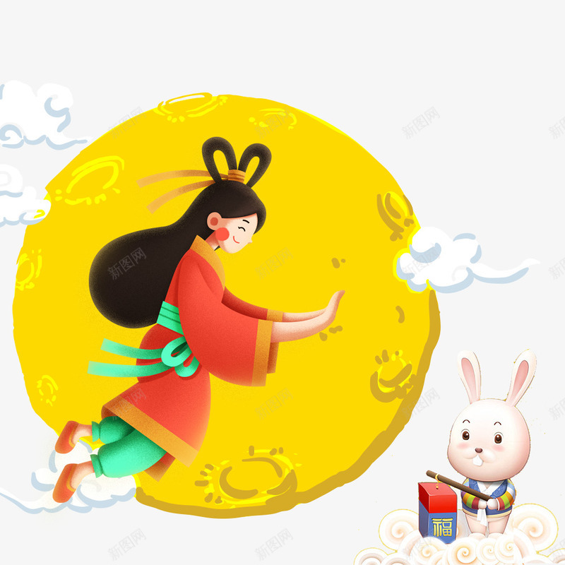 手绘中秋团圆嫦娥电商淘宝海报png免抠素材_88icon https://88icon.com 中秋节 嫦娥 小兔子 手绘人物 月亮 海报装饰 淘宝