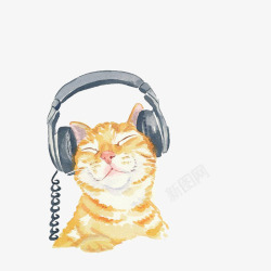 黄色毛发听音乐的小猫咪手绘图高清图片