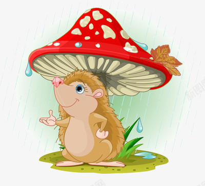 蘑菇下躲雨的刺猬png免抠素材_88icon https://88icon.com 动物 水珠 避雨