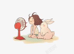 吹电扇小女孩和小兔子吹电扇高清图片
