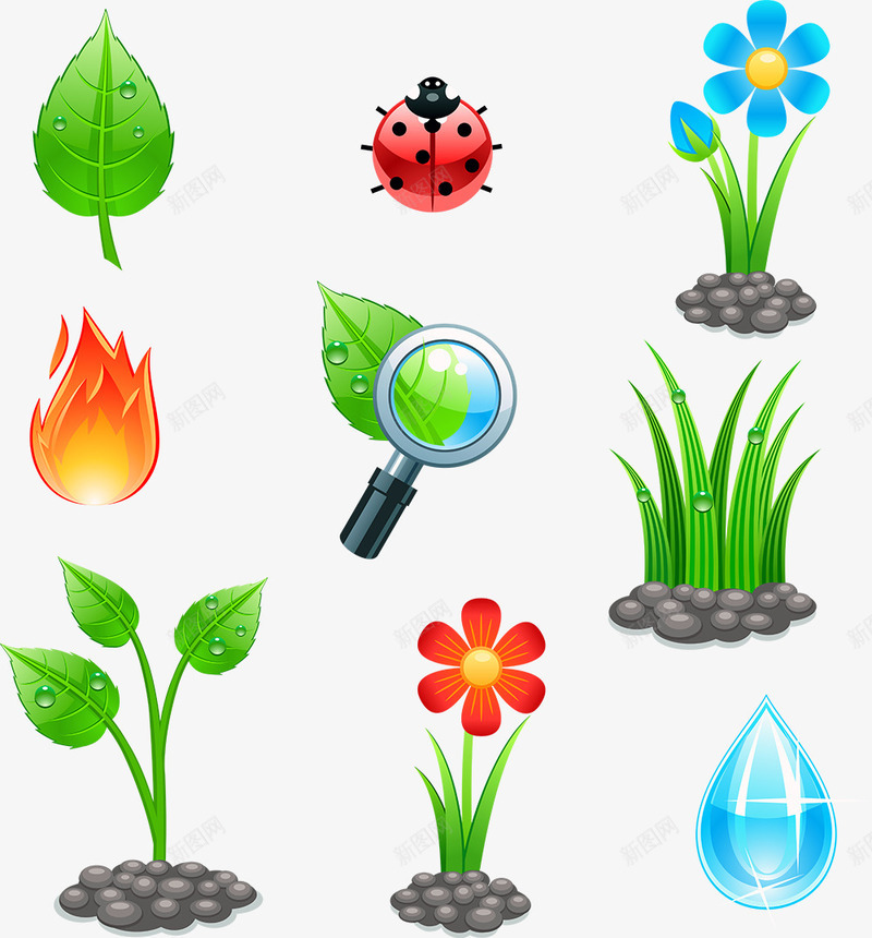 绿色植物png免抠素材_88icon https://88icon.com 小草 水滴 花朵