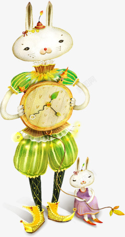 唯美手绘兔子钟表装饰素材