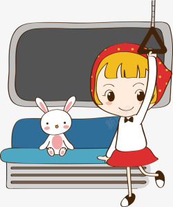 地铁车厢内的卡通女孩和兔子素材