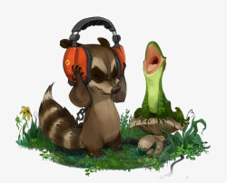 创意打伞浣熊插画听音乐的小浣熊高清图片