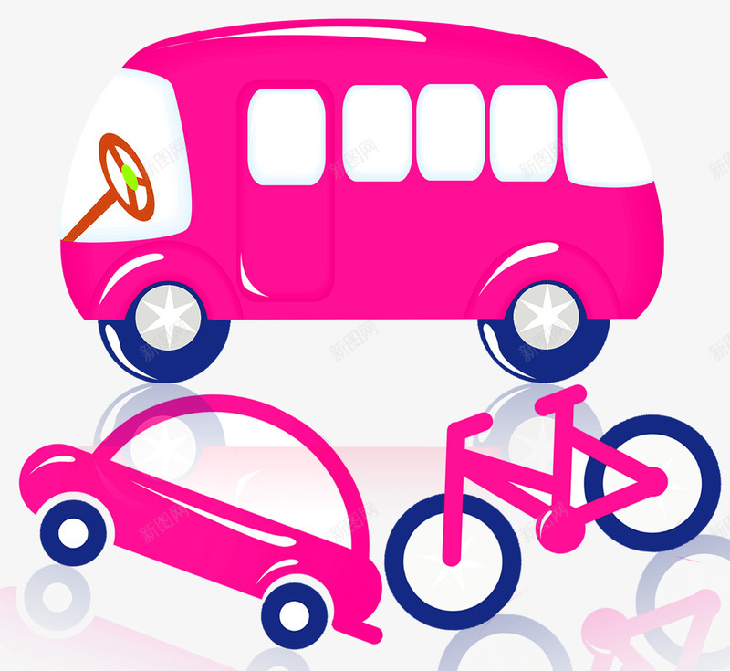 汽车和巴士png免抠素材_88icon https://88icon.com 交通工具 公交 卡通 汽车 粉红色 自行车