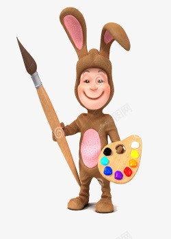 兔子套装有画笔和调色板的孩子高清图片
