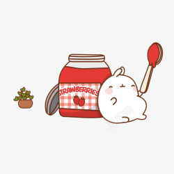 开罐卡通靠着吃草莓酱瓶边的小兔子素高清图片