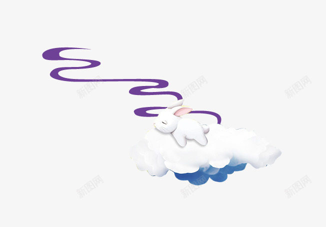 云上的兔子png免抠素材_88icon https://88icon.com 卡通云 卡通兔子 卡通动物 白色 睡觉的小兔子 紫色 蓝色 飘带