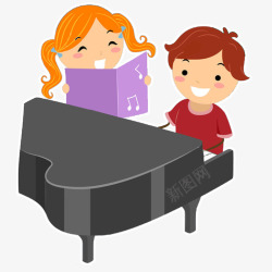欢笑弹奏钢琴的男孩和读谱的女孩高清图片